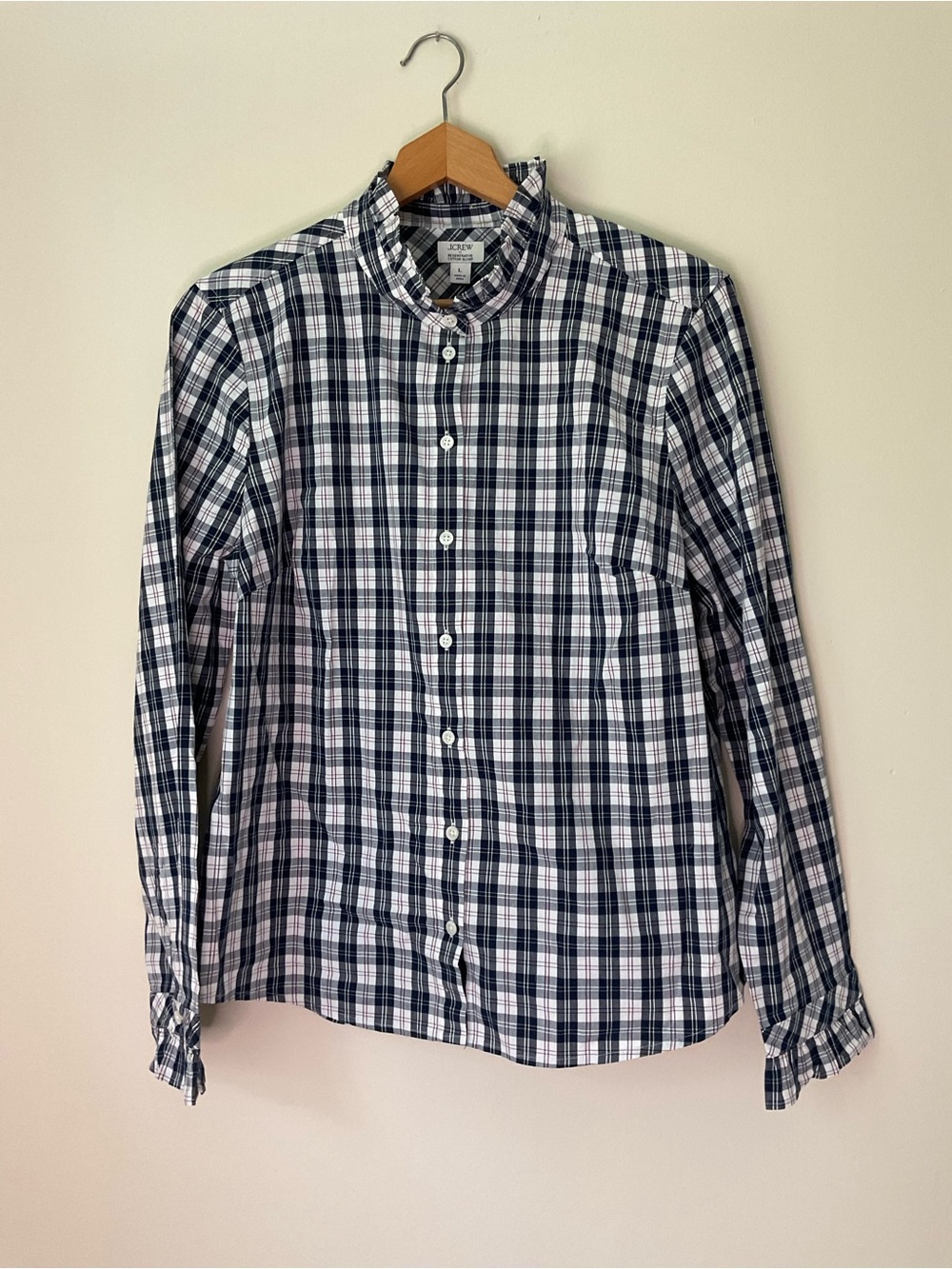 J. Crew Navy & White Plaid Ruffle-Neck Button-Down